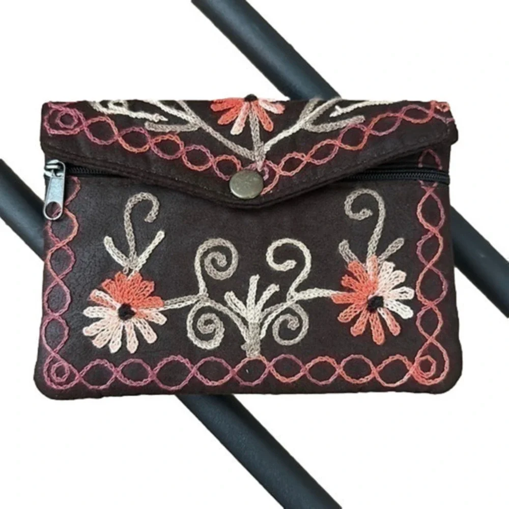 Artisan Colorful suede like boho wallet, embroidered, new